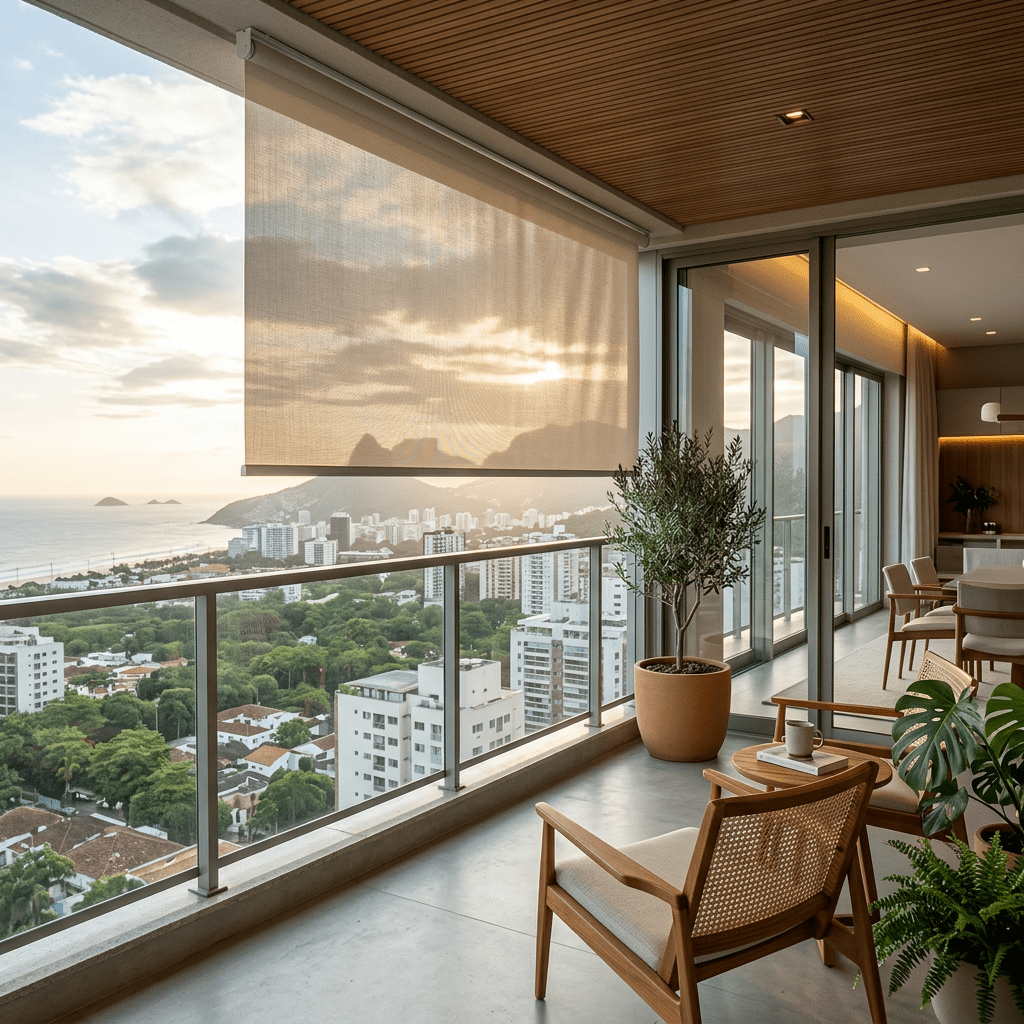 Balcony with wooden chairs, potted plants, and a retractable sunshade overlooking city buildings and ocean.