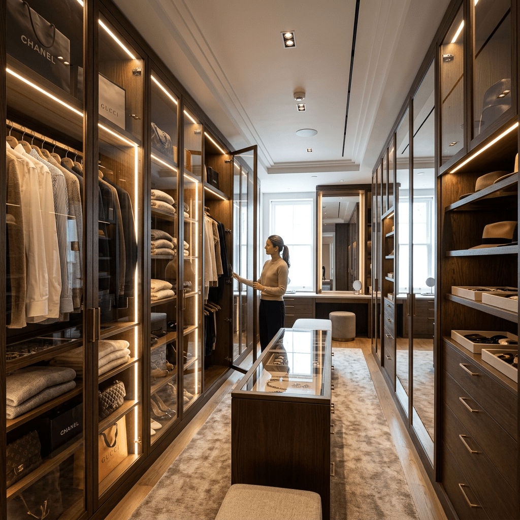 Walk-in closet with glass-front cabinets holding clothes and designer bags